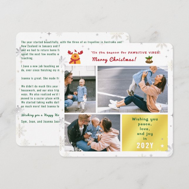 Funny Rudolph Peace Love Joy Cute Elegant 3 Photos Holiday Card (Front/Back)