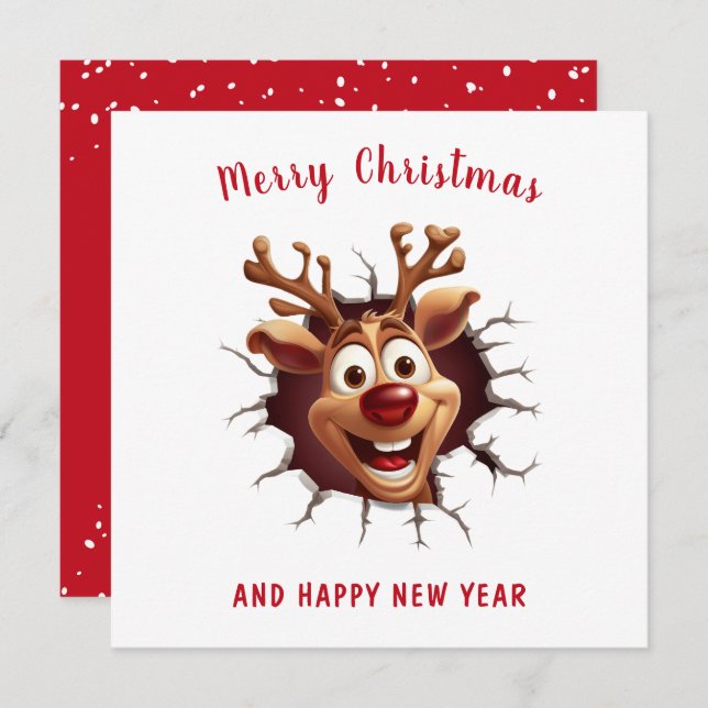 Funny Rudolph Reindeer breaking through Christmas Card (Front/Back)
