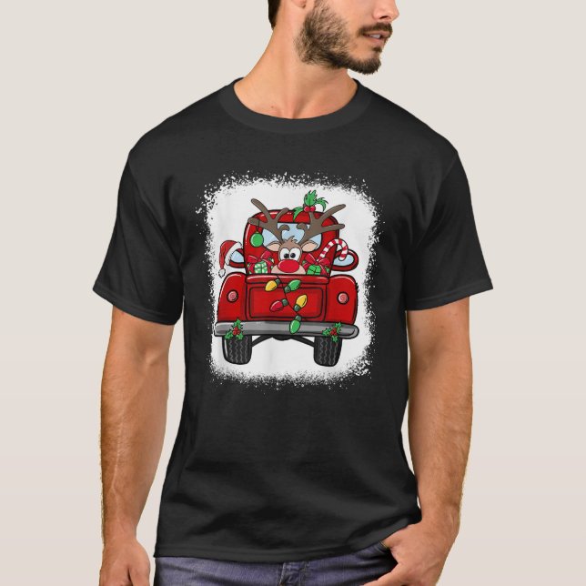 Funny Rudolph Reindeer on Red Truck Christmas Ligh T-Shirt (Front)
