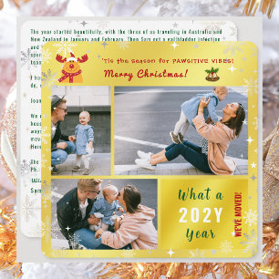 Funny Rudolph We've Moved 3 Photos Collage Golden Holiday Card