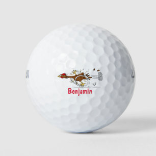 Funny running cool chicken cartoon illustration golf balls