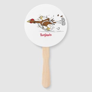 Funny running cool chicken cartoon illustration hand fan