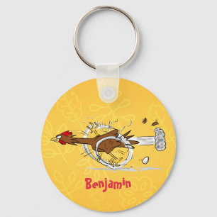 Funny running cool chicken cartoon illustration key ring