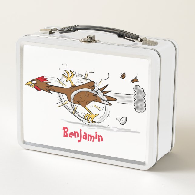 Funny running cool chicken cartoon illustration metal lunch box (Front)