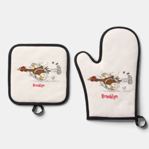Funny running cool chicken cartoon illustration oven mitt & pot holder set