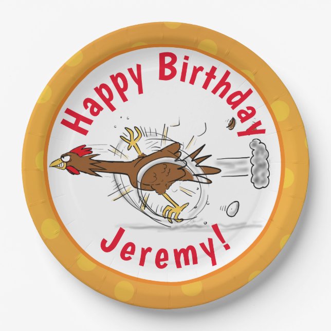 Funny running cool chicken cartoon illustration paper plate (Front)