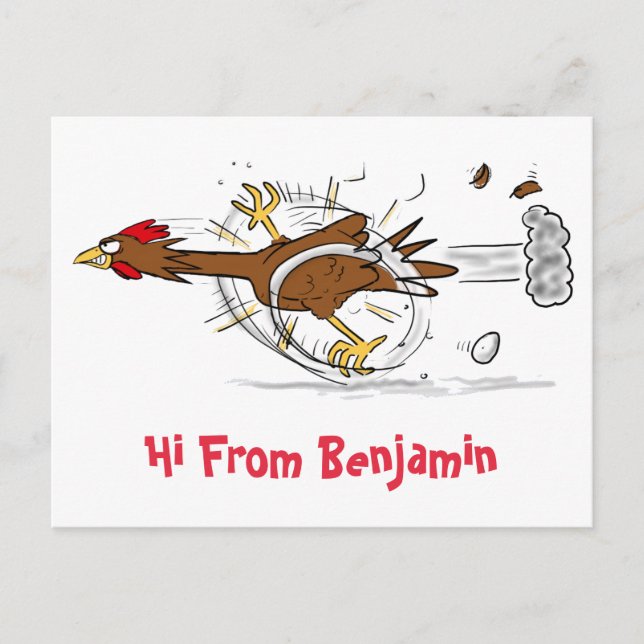 Funny running cool chicken cartoon illustration postcard (Front)