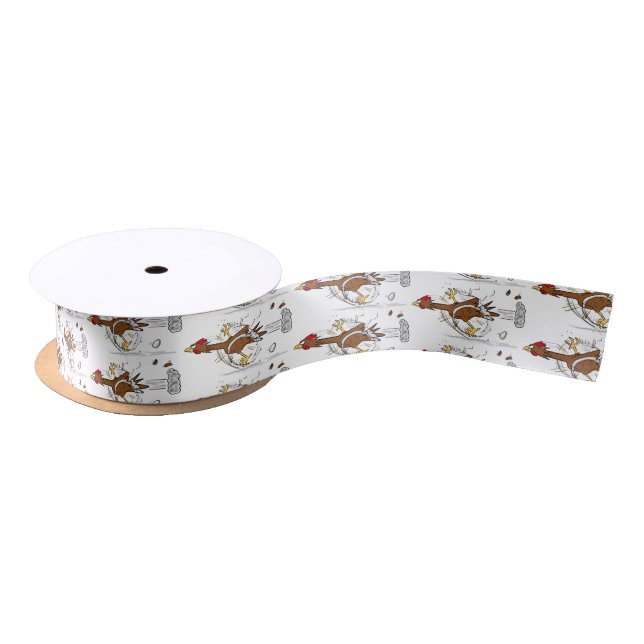 Funny running cool chicken cartoon illustration satin ribbon (Spool)