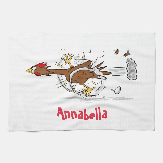 Funny running cool chicken cartoon illustration tea towel (Horizontal)