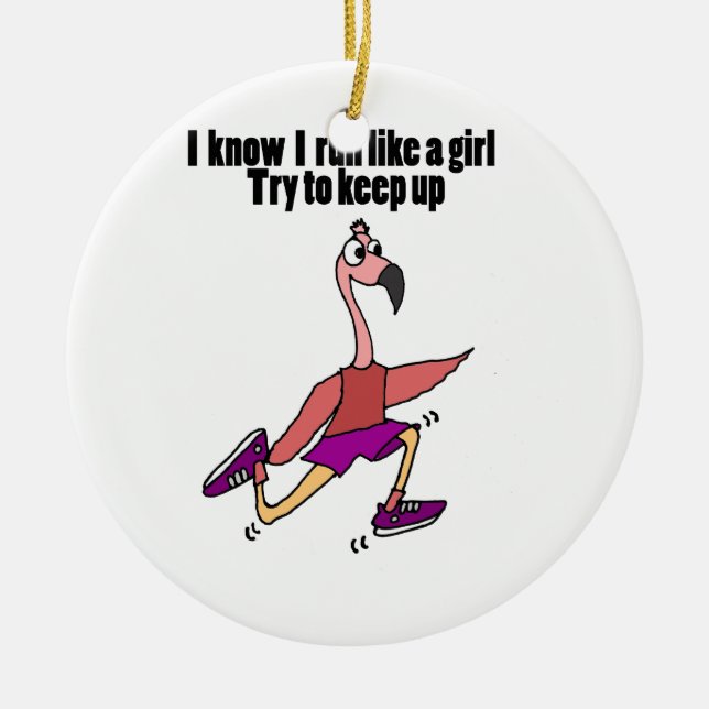Funny Running Flamingo Ceramic Ornament (Front)