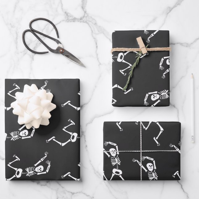 Funny Running Skeleton Black and White Halloween Wrapping Paper Sheet (Front)
