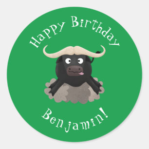 Funny running water buffalo cartoon classic round sticker