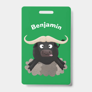 Funny running water buffalo cartoon ID badge
