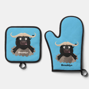 Funny running water buffalo cartoon oven mitt & pot holder set