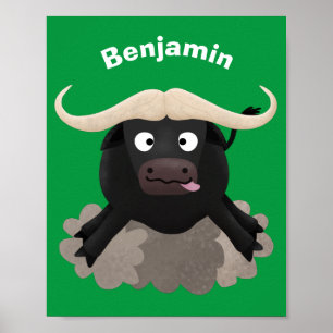 Funny running water buffalo cartoon poster