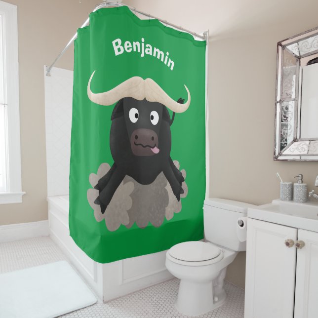 Funny running water buffalo cartoon shower curtain (In Situ)