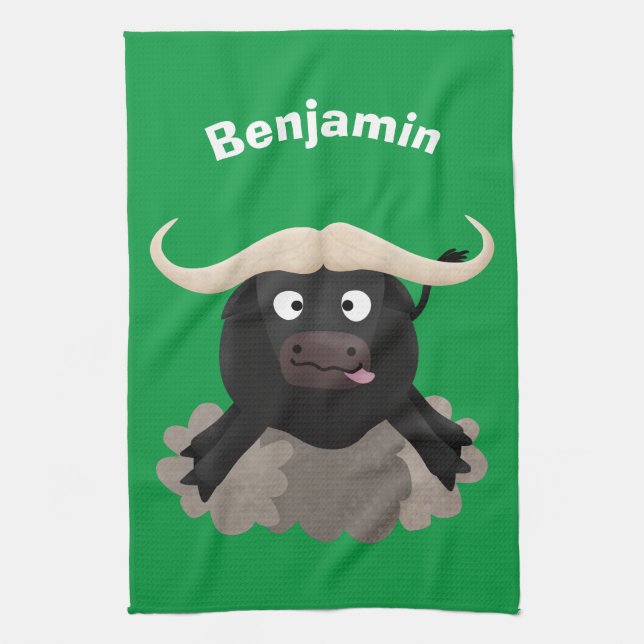 Funny running water buffalo cartoon tea towel (Vertical)