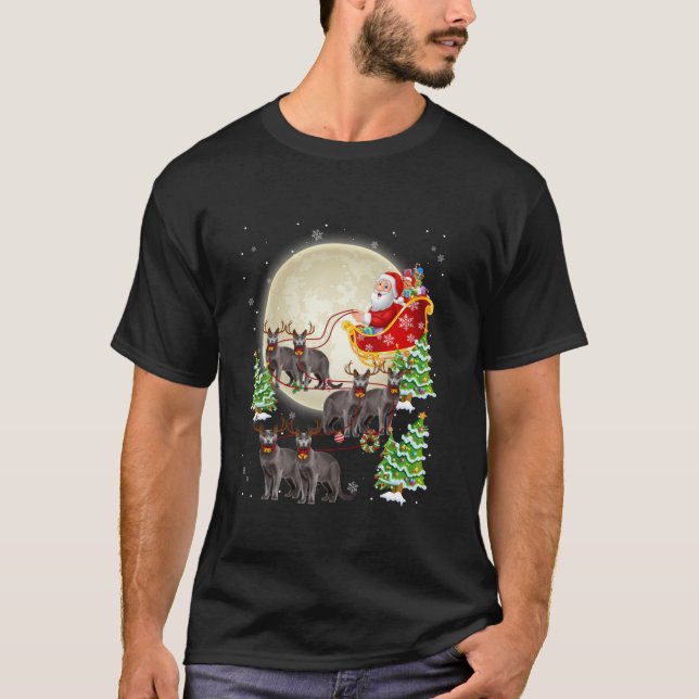 Funny Russian Blue Cat Reindeer Santa Sleigh Merry T-Shirt (Front)