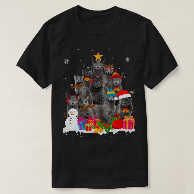 Funny Russian Blue Christmas Tree Pet Cat Lover Gi T-Shirt (Design Front)