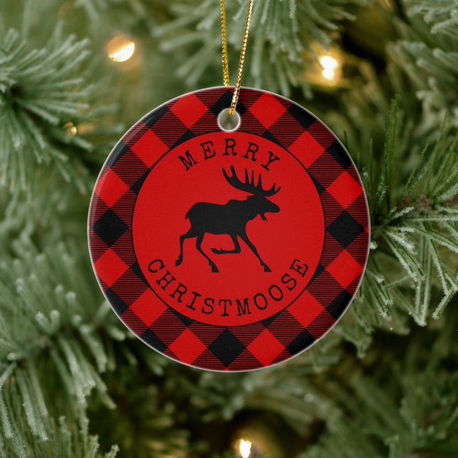 Funny Rustic Merry Christmoose Red Plaid Ceramic Ornament (Tree)