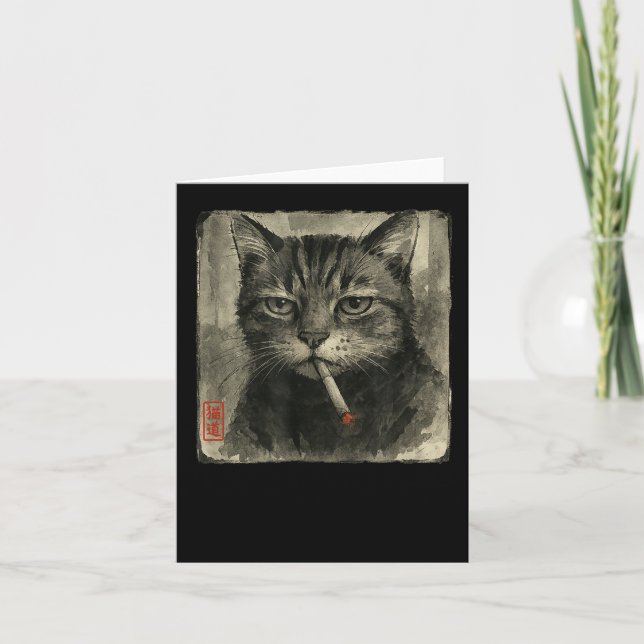 Funny Sad Cat Smoking Cigarette Meme Lover Sumi-e  Card (Front)