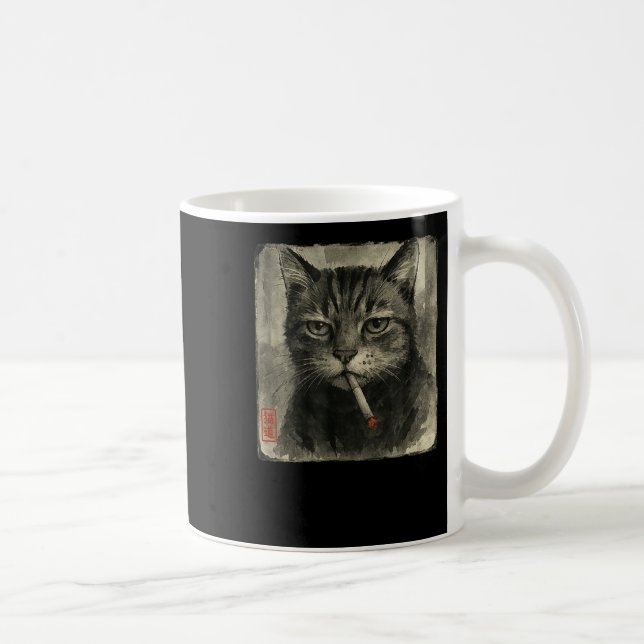 Funny Sad Cat Smoking Cigarette Meme Lover Sumi-e  Coffee Mug (Right)