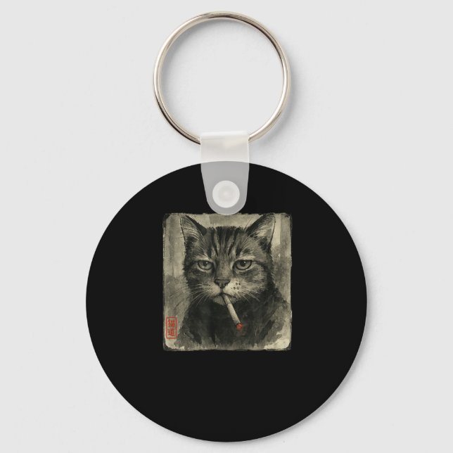Funny Sad Cat Smoking Cigarette Meme Lover Sumi-e  Key Ring (Front)