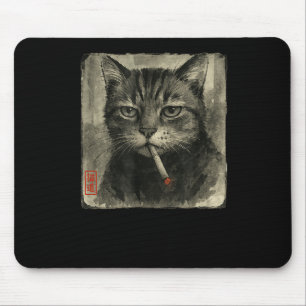 Funny Sad Cat Smoking Cigarette Meme Lover Sumi-e Mouse Pad