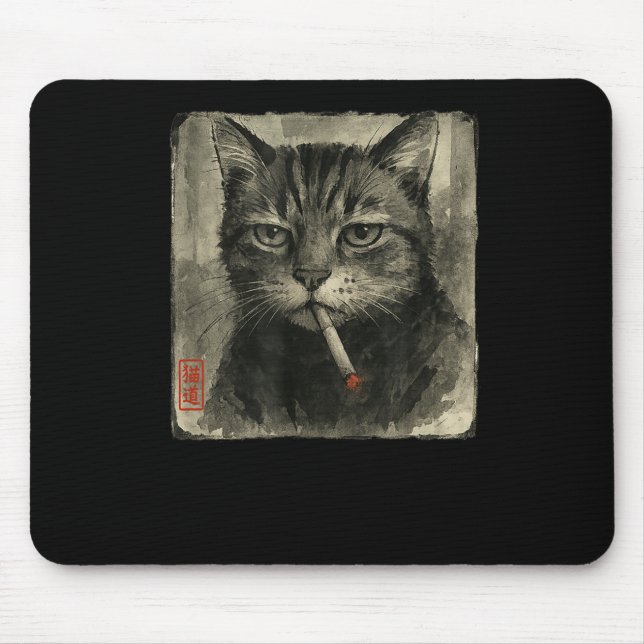 Funny Sad Cat Smoking Cigarette Meme Lover Sumi-e  Mouse Pad (Front)
