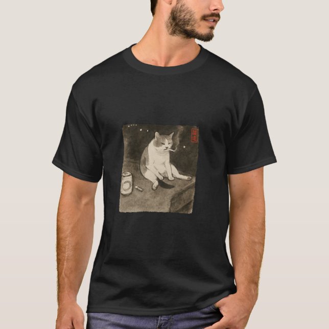 Funny Sad Cat Smoking Meme Sumi e Japanese Art Kit T-Shirt (Front)
