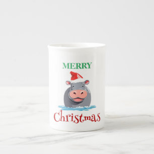 Funny Safari animals HIPPO Santa Christmas Costume Bone China Mug