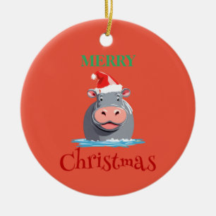 Funny Safari animals HIPPO Santa Christmas Costume Ceramic Ornament