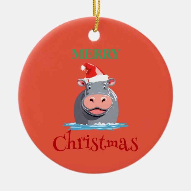 Funny Safari animals HIPPO Santa Christmas Costume Ceramic Ornament (Front)