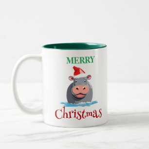 Funny Safari animals HIPPO Santa Christmas Costume Two-Tone Coffee Mug