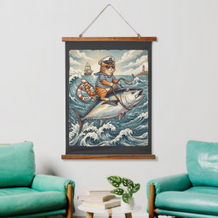 Funny Sailor Cat Riding Tuna Fish Vintage  Hanging Tapestry
