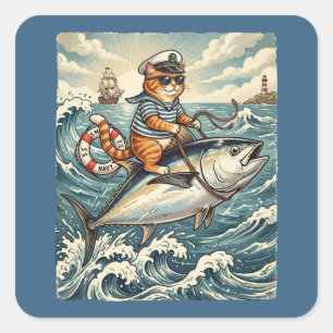Funny Sailor Cat Riding Tuna Fish Vintage Square Sticker