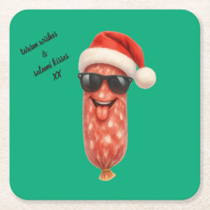 Funny salami kisses christmas square paper coaster