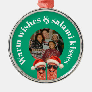 Funny salami kisses family photo christmas metal ornament
