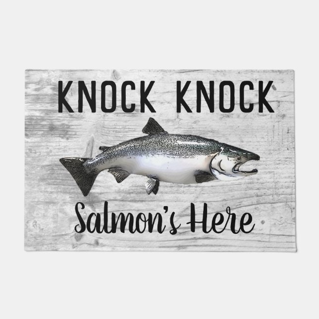 Funny Salmon Fishing Pun Knock Knock Doormat (Front)