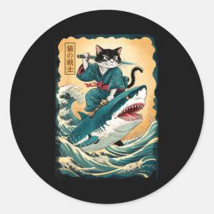 Funny Samurai Cat Riding Shark Vintage Cat Anime B Classic Round Sticker