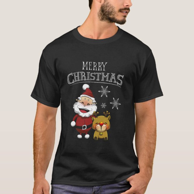 Funny Santa and deer Cute Merry Christmas Face Old T-Shirt (Front)