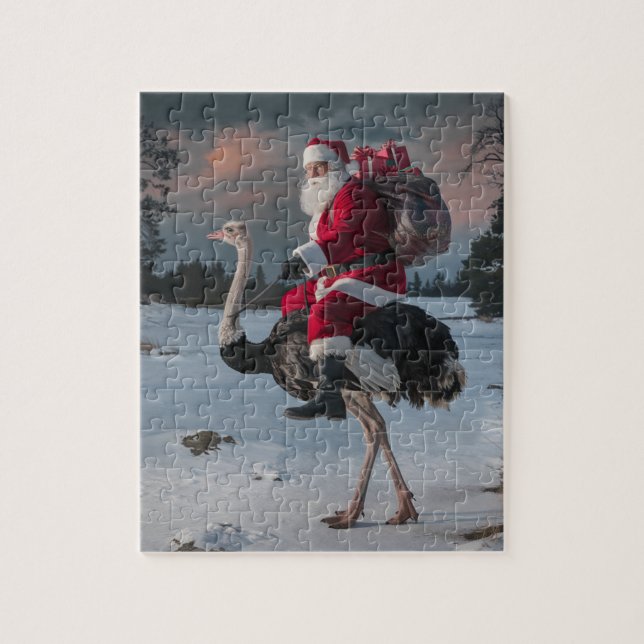 Funny Santa and Ostrich Christmas Snow Jigsaw Puzzle (Vertical)
