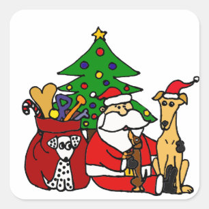 Funny Santa and Puppy Dogs Christmas Art Square Sticker