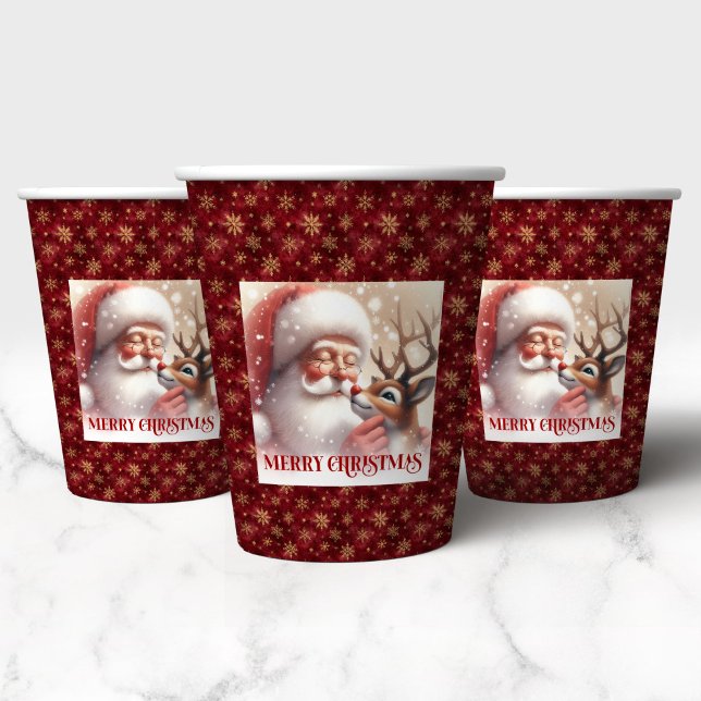Funny Santa and Red Nose Rudolph Christmas Party  Paper Cups (Funny Santa and Red Nose Rudolph Christmas Party Cups)