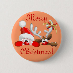 Funny Santa and Reindeer Cartoon Button