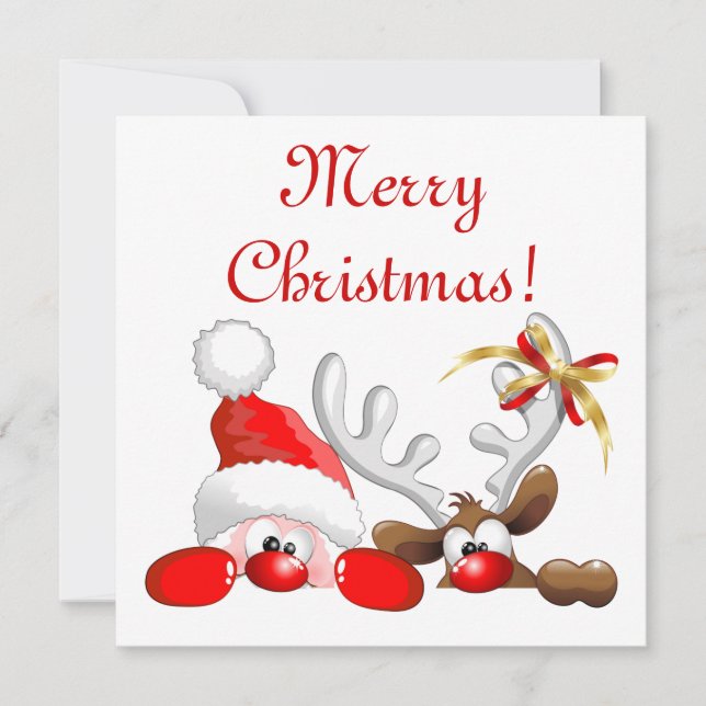 Funny Santa and Reindeer Cartoon        Card (Front)