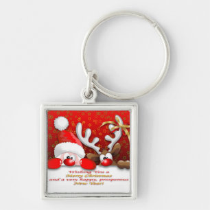 Funny Santa and Reindeer Cartoon Keychain