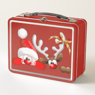 Funny Santa and Reindeer Cartoon   Metal Lunch Box