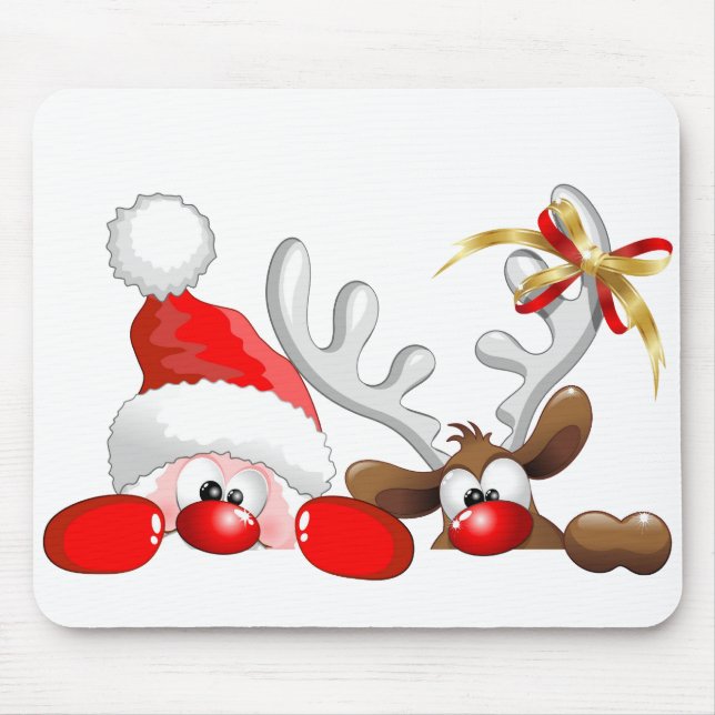 Funny Santa and Reindeer Cartoon        Mouse Pad (Front)
