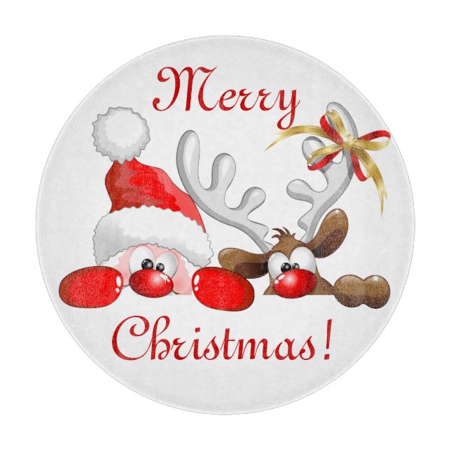 Funny Santa and Reindeer Cartoon Ornament Magnet B Cutting Board (Front)